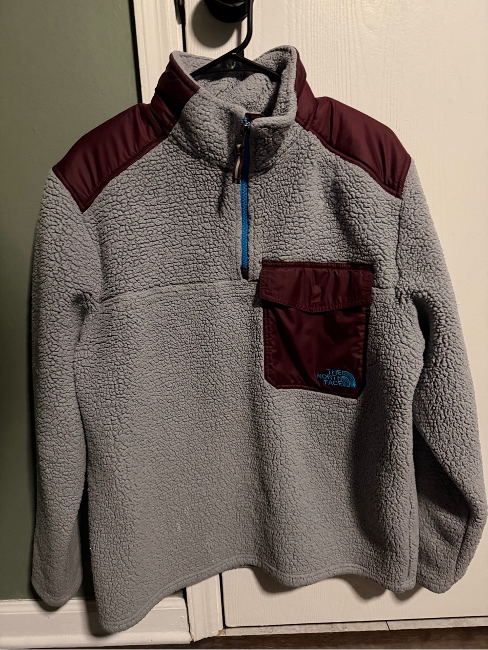 The North Face Gray Sherpa Pullover with Burgundy Panels and Blue Zipper
